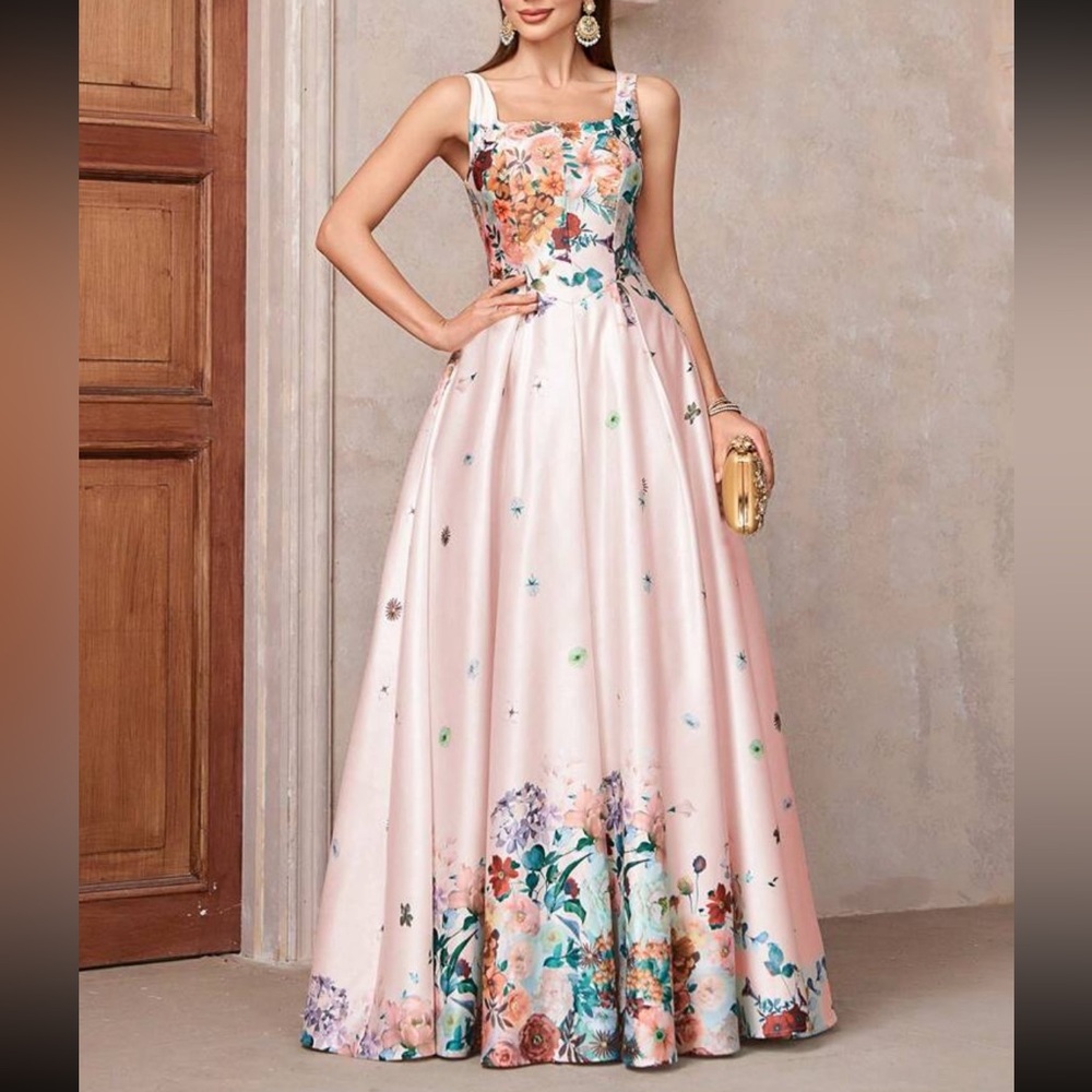 Luxe floral print square neck zip up back party portal gown dress